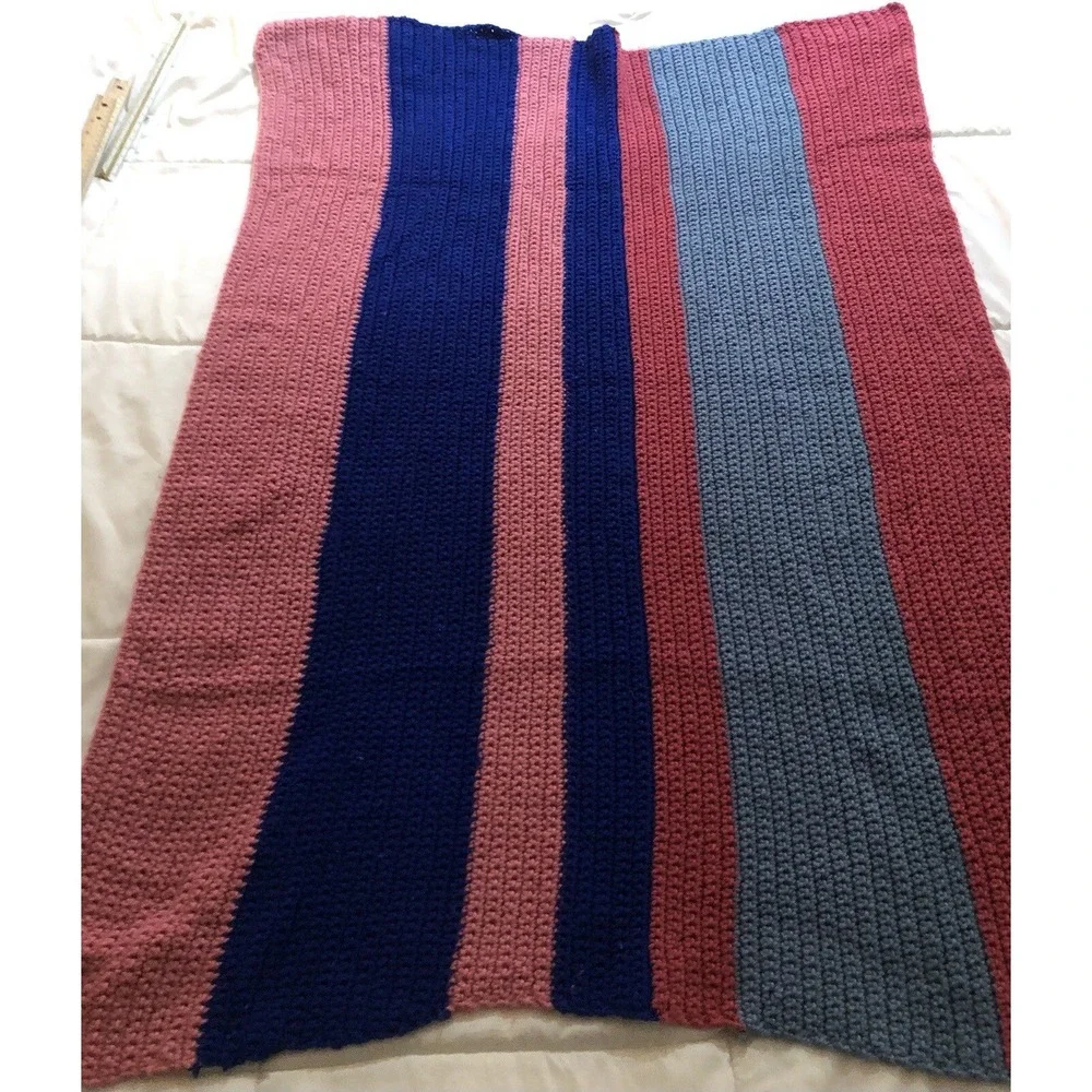 Four toned Stripes Pretty Pink Blue Vintage Afghan Cozy Couch‎ Throw Blanket